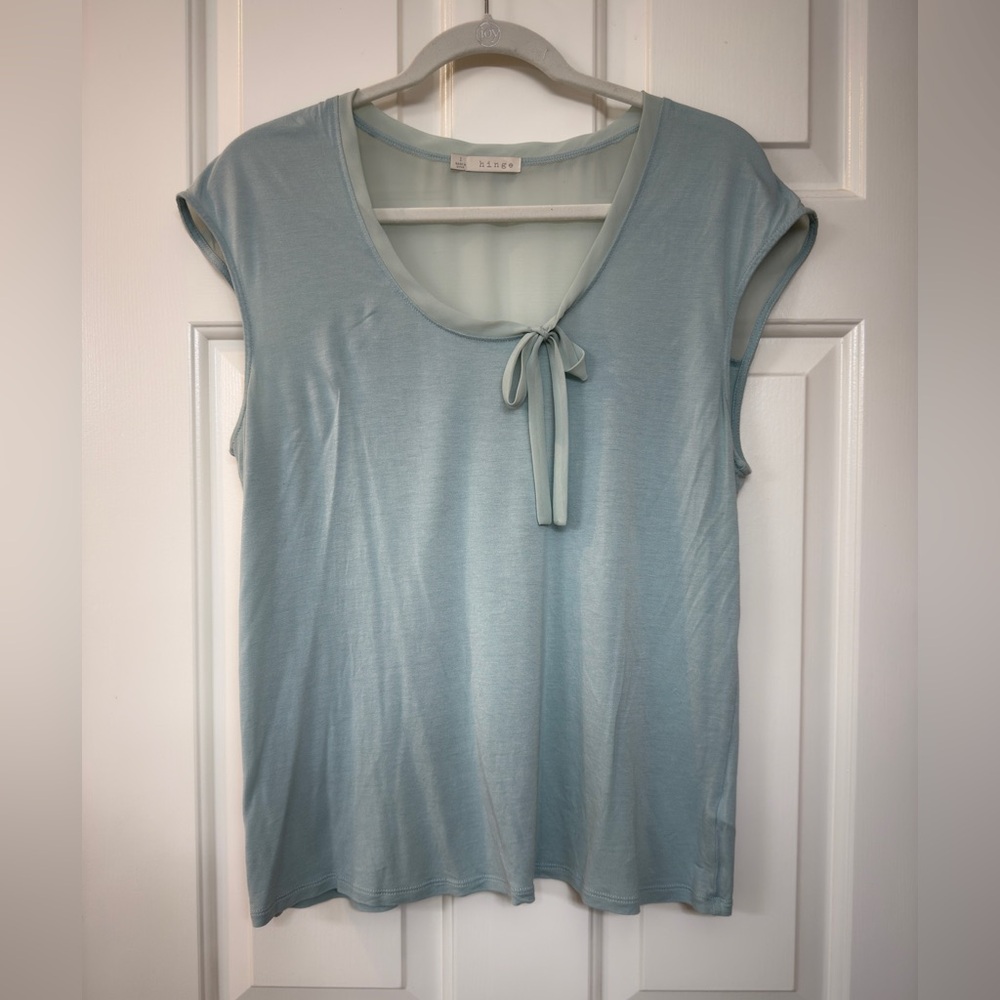Hinge Light Blue Tie-Neck Sleeveless Cotton + Chiffon Blouse